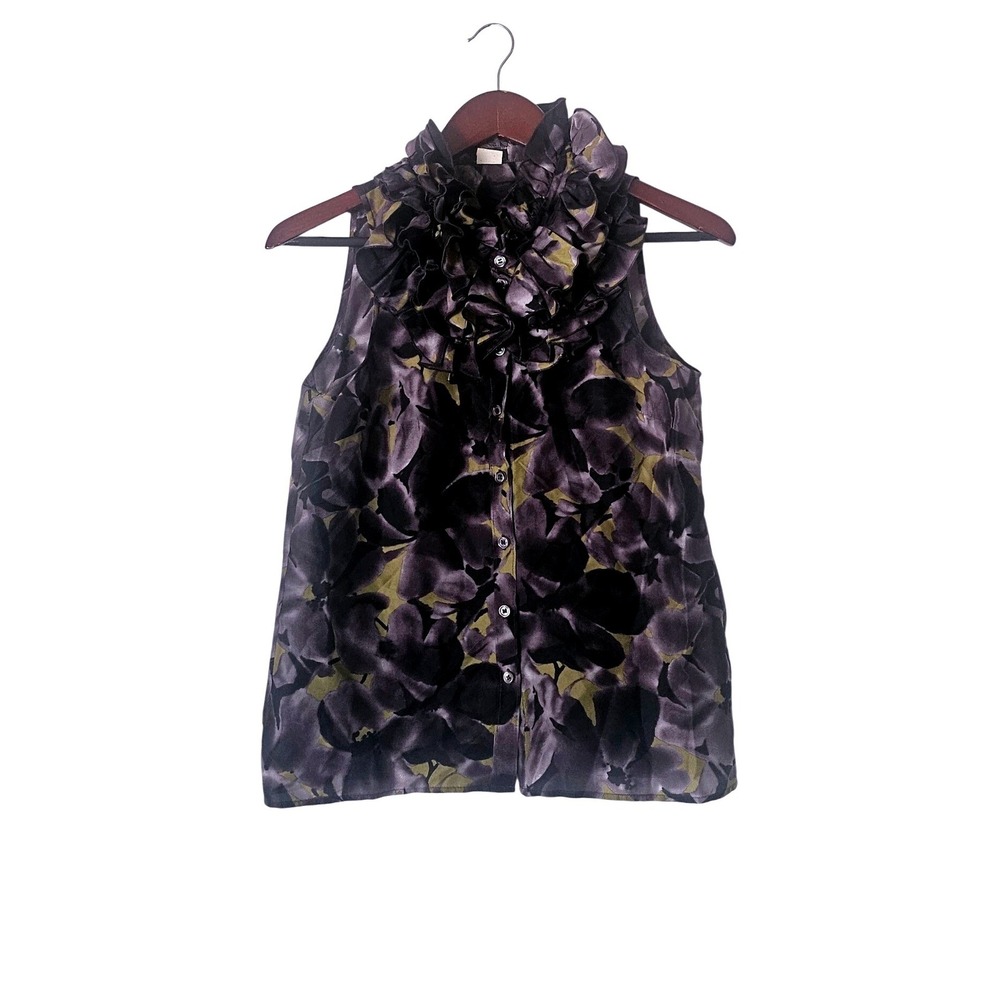 J.Crew Silk Floral Sleeveless Ruffle Neck Blouse Size 2 Feminine ‎ Dark Academia